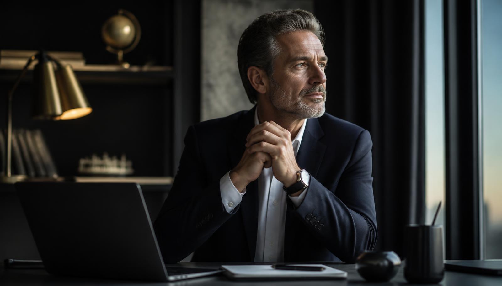 An executive pausing in reflection before responding to feedback